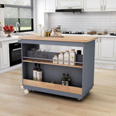 Rolling Kitchen Island with Wood Top, Wine & Spice Rack, Grey Blue